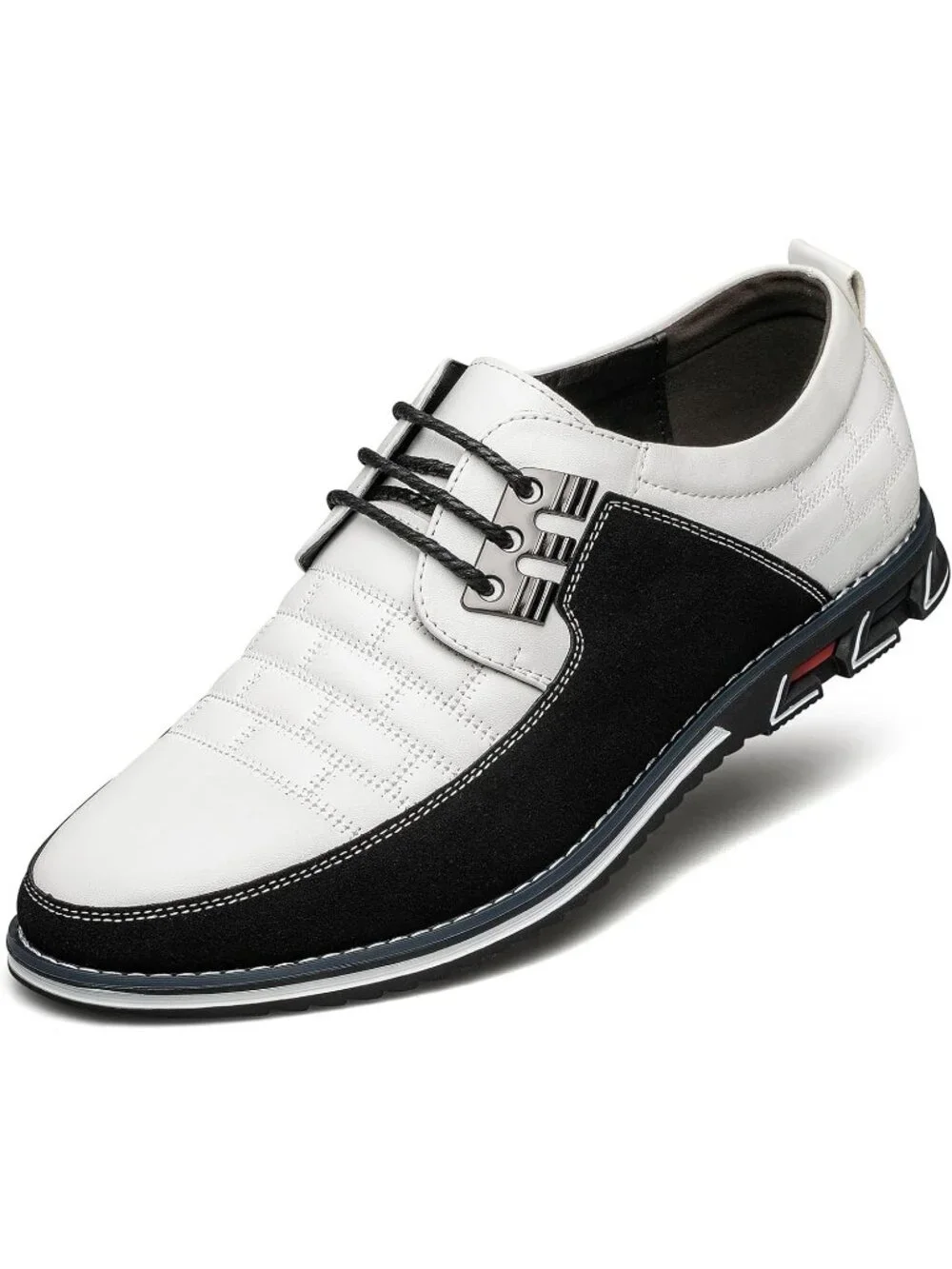 Men's White Plaid Embossed Grid Leather Comfortable Hybrid Oxford Dress Sneakers